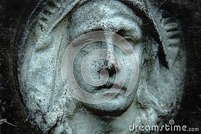Retro styled image of Virgin Mary. Ancient statue, fragment Stock Photo