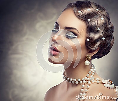 Retro styled makeup with pearls Stock Photo