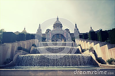 Retro styled photo of The Museu Nacional d'Art de Catalunya, Bar Editorial Stock Photo