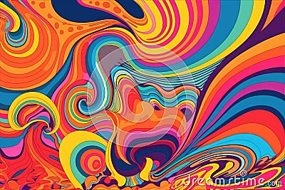 retro-styled poster featuring vibrant colors and psychedelic patterns Stock Photo