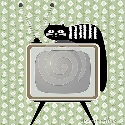 Retro-styled television receiver with cat Vector Illustration