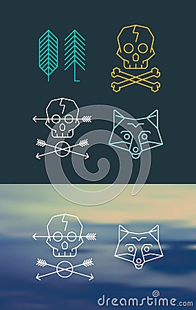 Retro styled trendy vector emblems. Fox, Skull, Arrows and Trees Logo. Vector Illustration