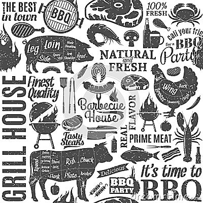 Retro styled typographic vector barbecue seamless pattern or background Vector Illustration