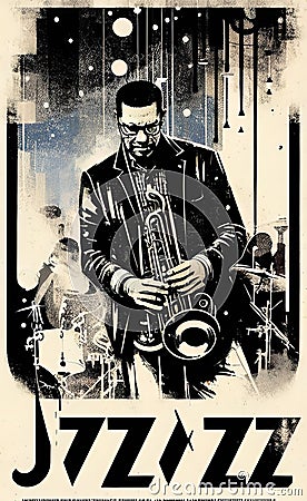 Retro stylized poster on the theme of jazz. Artistic allegory. Cartoon Illustration