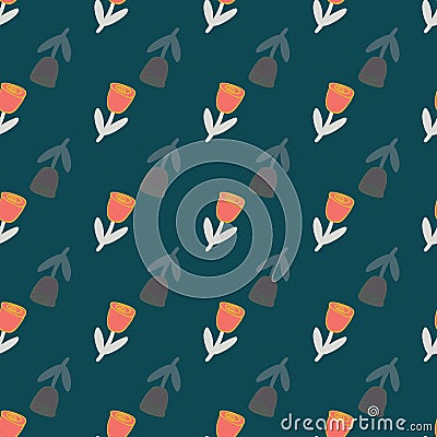 Retro stylized tulips on green background seamless pattern. Vector Illustration