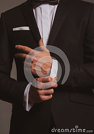 Retro suit fashion. Formal classic suit. Business style outfit. Handsome businessman adjusting his sleeves. Stock Photo
