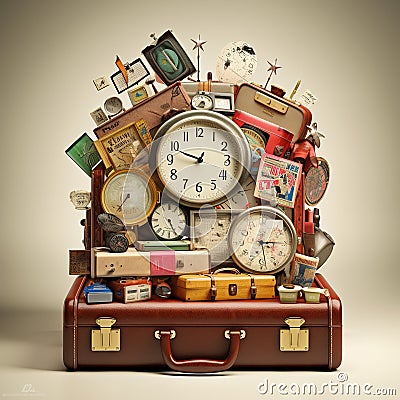 Retro suitcases covered with travel labels time synthesis stick figur Generative AI Stock Photo