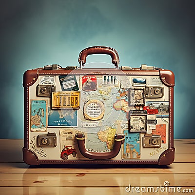 Retro suitcases covered with travel labels time synthesis stick figur Generative AI Stock Photo