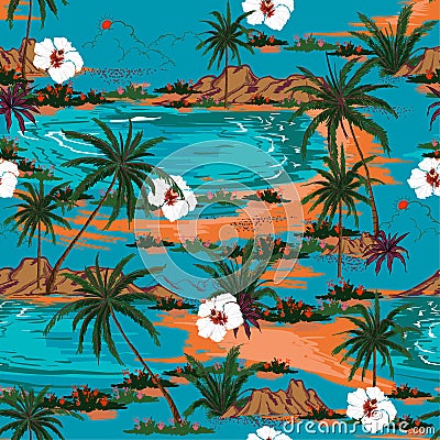 Retro summer hawaii seamless island pattern vector. Landscape w Stock Photo