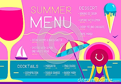 Retro summer restaurant menu design with wine glass, beach umbrella, ice cream and woman in hat. Vector Illustration