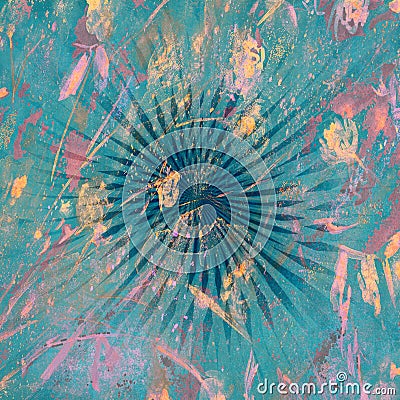 Rusty sunburst with florals art. Glitched glowing lights background. Shining sunburst effects. Nature energy backdrop. Stock Photo