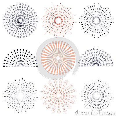 Retro sunburst, radiant and colored set. Vector Illustration