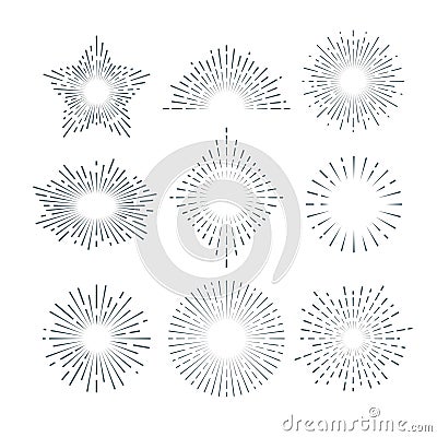 Retro sunburst, radiant starburst, vintage abstract sunshine line vector set Vector Illustration