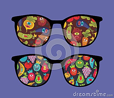 Retro sunglasses with monsters reflection in it. Cartoon Illustration