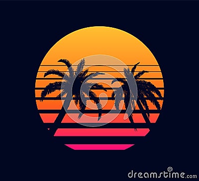 Retro sunset orange pink. Evening rays setting sun two palm trees against background. Vector Illustration