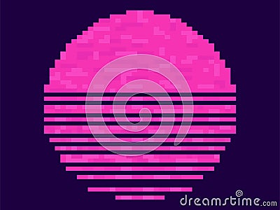 Retro sunset 80s in pixel art style. 8 bit pink sun synthwave and retrowave style. Design for printing, wrapping paper Vector Illustration