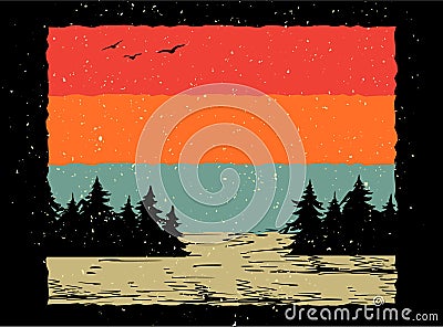 Retro Sunset . 70s Style Grunge Striped Sunset Forest Landscape Retro Background Vector Illustration