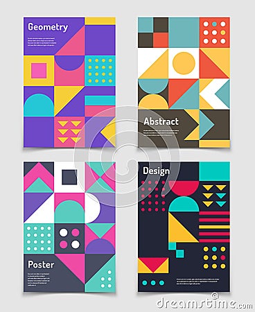 Retro swiss graphic posters with geometric bauhaus shapes. Vector abstract backgrounds in old modernism style. Vintage Vector Illustration