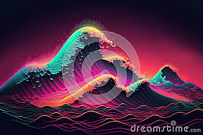 Retro synthwave background in neon colors. Beautiful sea waves in 80s style on sunset background. Generative AI Stock Photo