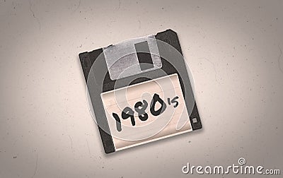 A retro synthwave 1980`s themed old black aged floppy disk illustration background with copy space Cartoon Illustration