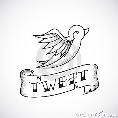 Retro Tattoo Dot Work Style Abstract Vector Bird Icon with Tweet Banner. Vector Illustration