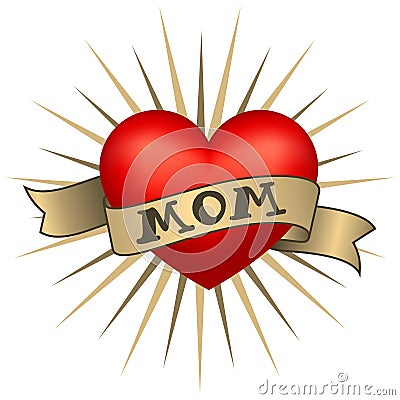 Retro tattoo heart with gold ribbons and word Mom. Vector Vector Illustration