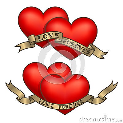 Retro tattoo hearts with gold ribbons.Happy Valentine`s Day card Vector Illustration