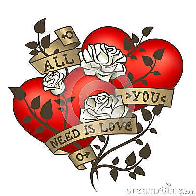 Retro tattoo hearts with gold ribbons.Happy Valentine`s Day card Vector Illustration