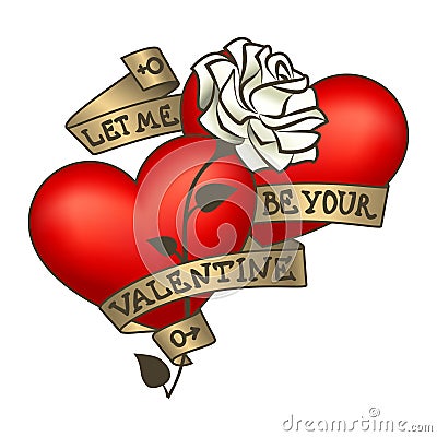 Retro tattoo hearts with gold ribbons.Happy Valentine`s Day card Vector Illustration