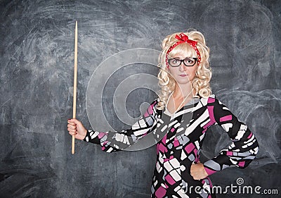 Retro teacher with wooden pointer Stock Photo