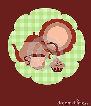 Retro teapot, cup and plate on flower background Vector Illustration