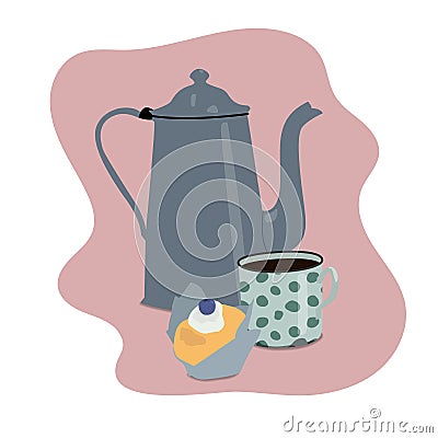 Retro teapot, cup of tea and a cupcacke. Cup of coffee. Vector Illustration