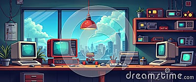 Retro tech room with vintage computers and tech devices. Nostalgic cityscape view from window. Colorful pixel art style. Old Stock Photo