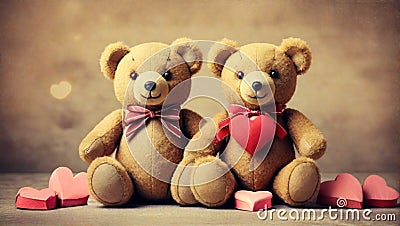 Retro Teddy Bear toys pair with handmade Valentines day love hearts Stock Photo