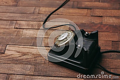 retro telephone technology antique communication nostalgia wood floor Stock Photo