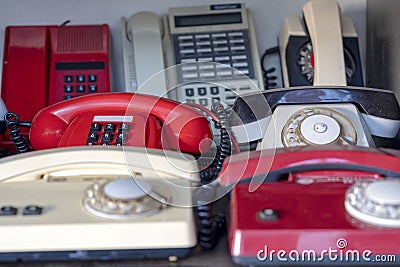 Retro telephones. old telephon with rotary dial. Stock Photo