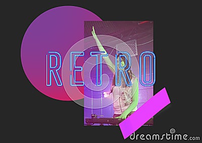 Retro text in blue neon type with female dj and purple spot on black background Stock Photo