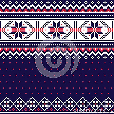 Winter, Christmas Fair Isle style traditional knitwear vector seamless pattern, retro Scottish knit repetitive design with snowfla Stock Photo