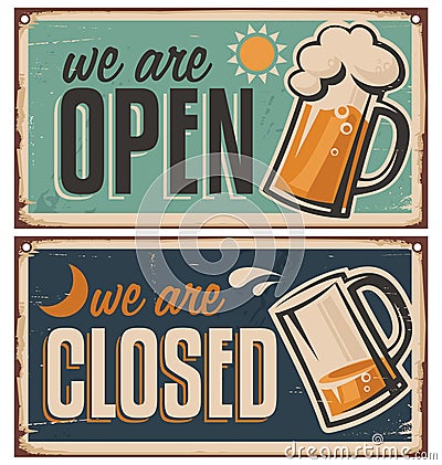 Retro tin door signs set for pub or tavern Vector Illustration