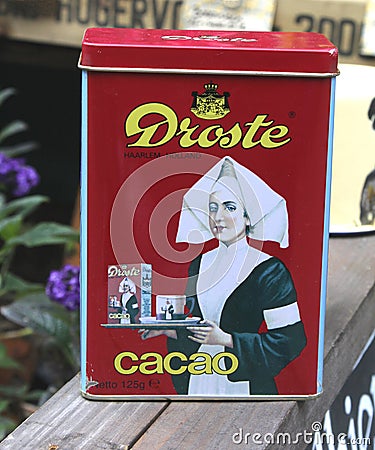 Retro tin with Droste cacao, brocante, vintage, Netherlands Editorial Stock Photo