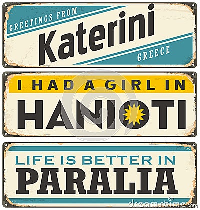 Retro tin sign collection with cities in Greece Vector Illustration
