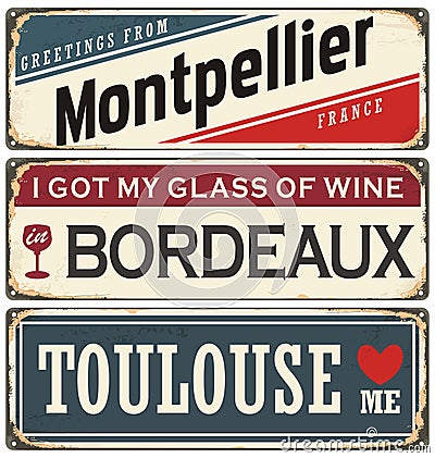 Retro tin sign collection with French cities Vector Illustration