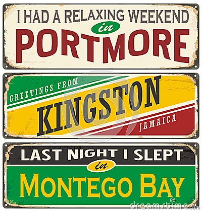 Retro tin sign collection with Jamaica cities Vector Illustration