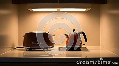 a retro toaster and kettle in matching warm tones on a clean countertop is generated using AI. Stock Photo