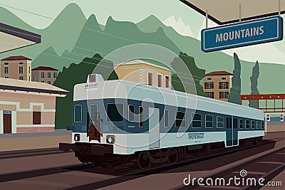 Retro train at railway station of European village Vector Illustration