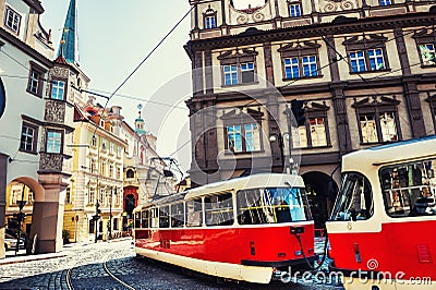 Retro tram driving on the street in Old Town of Prague, Czech Republic Stock Photo