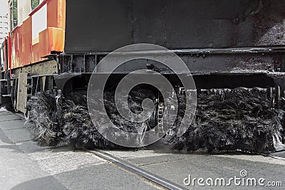 Retro tram for rail track cleaning. Frame part Stock Photo
