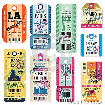 Retro travel luggage labels and baggage tickets with flight symbol vector collection Vector Illustration