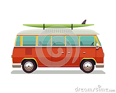 Retro travel red van icon. Surfer van. Vintage travel car. Old classic camper minivan. Retro hippie bus. Vector Vector Illustration