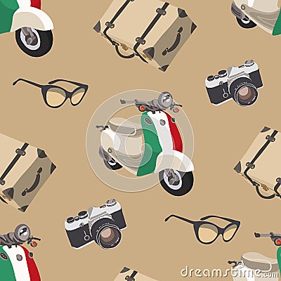 Retro travel. Seamless pattern with camera, sunglasses, suitcase, scooter. Italy Vector Illustration